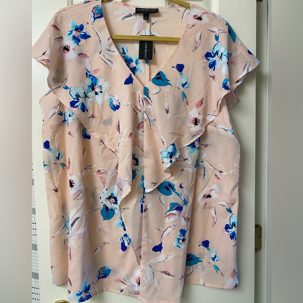Lane Bryant Pink Floral Flutter Sleeve Cascading Ruffle Front Top  Size 16